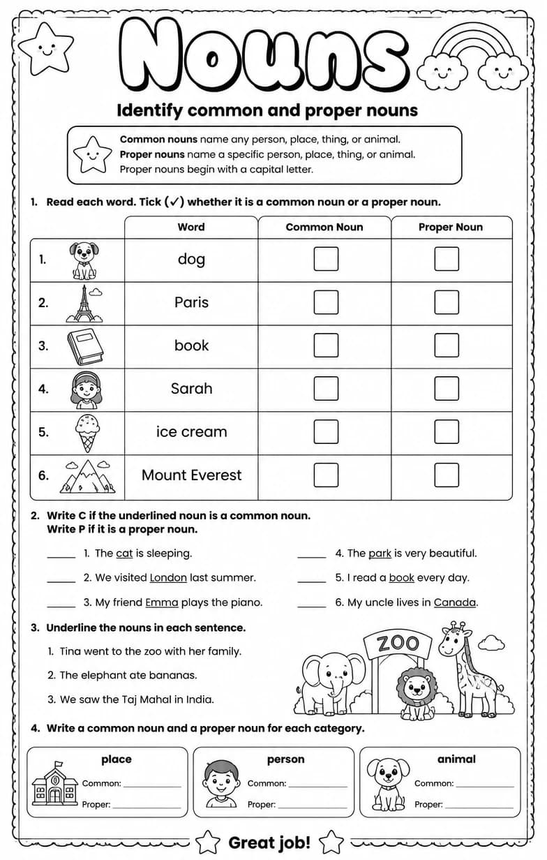 Identify common and proper nouns — free printable Grade 5 English & Reading worksheet