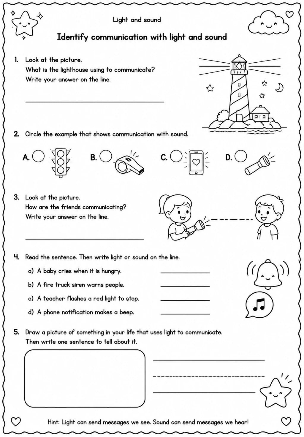 Identify communication with light and sound — free printable Grade 2 Science worksheet