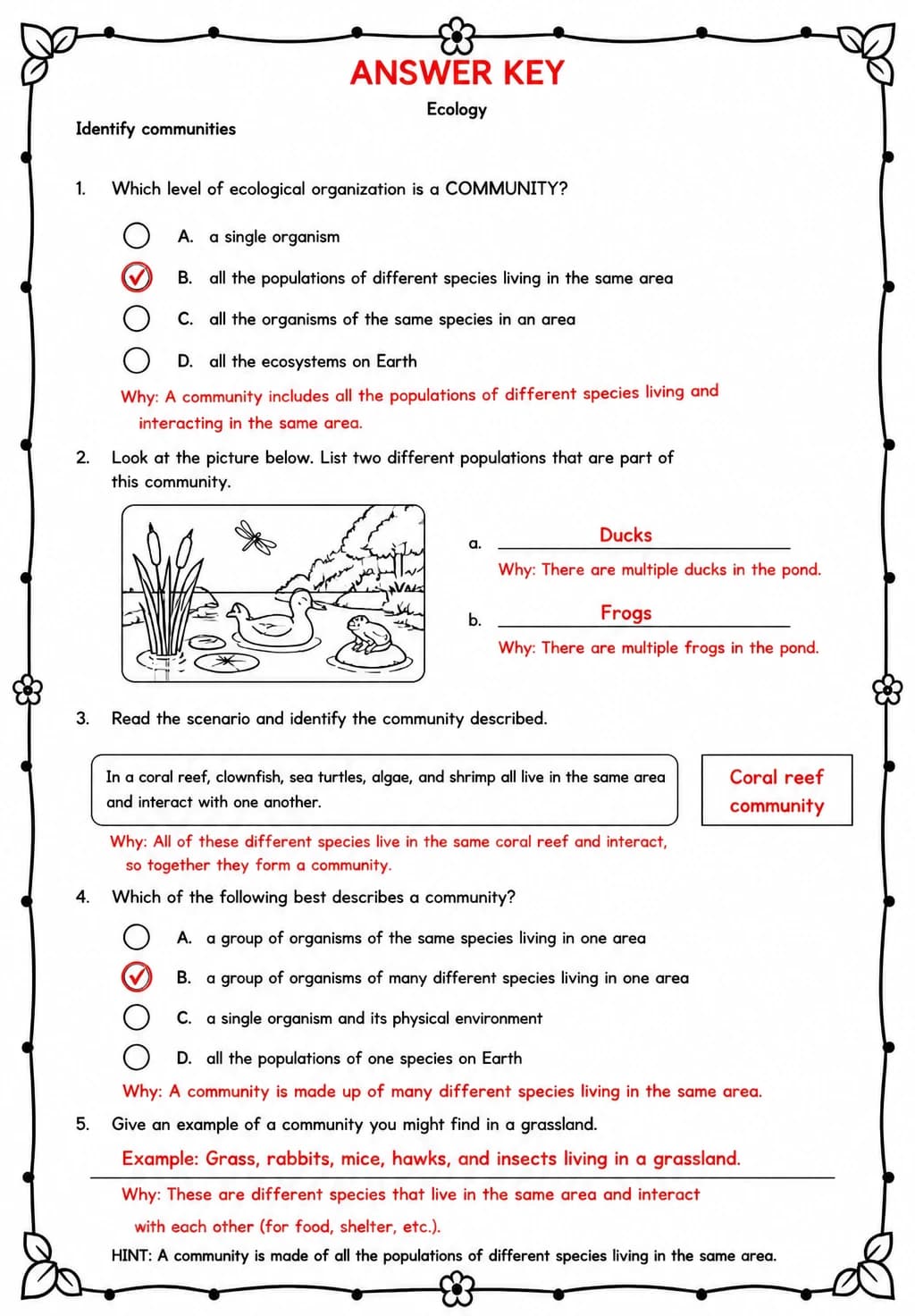 Answer key for Identify communities — free printable Science worksheet