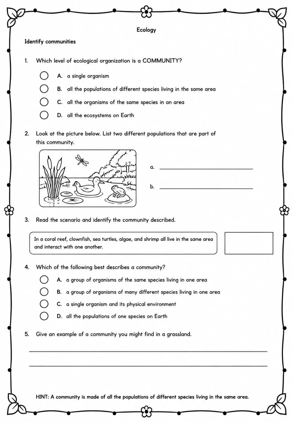 Identify communities — free printable High School Science worksheet