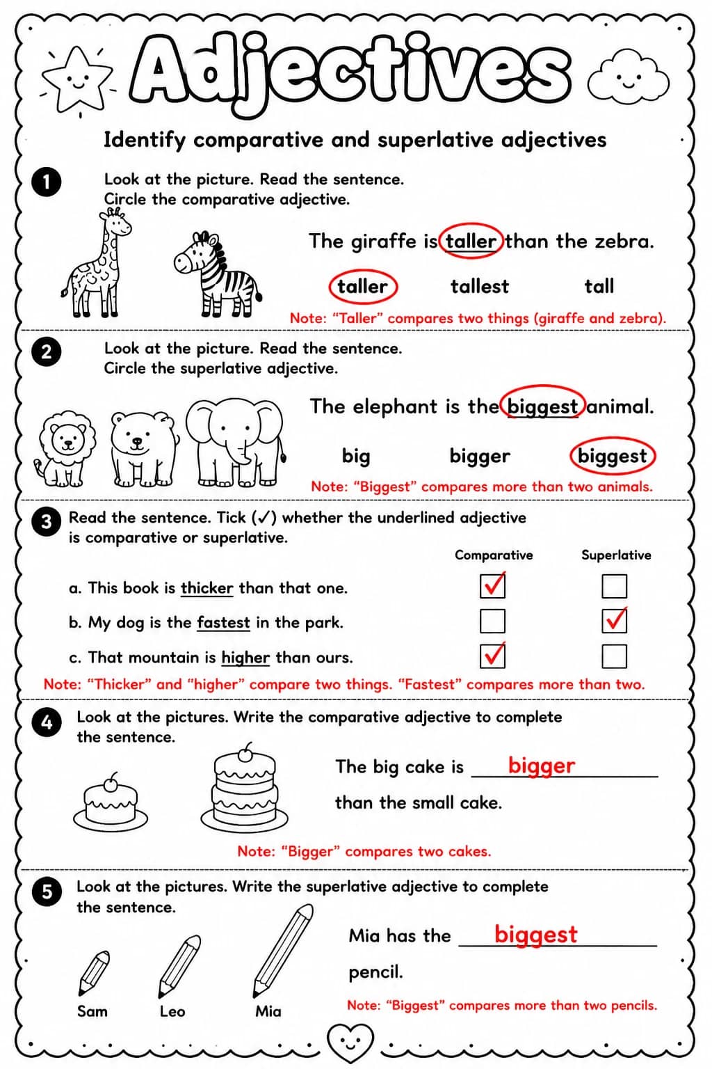 Answer key for Identify comparative and superlative adjectives — free printable English & Reading worksheet