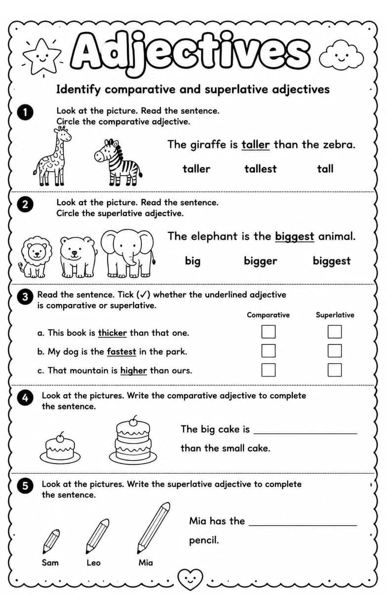 Identify comparative and superlative adjectives — free printable Grade 1 English & Reading worksheet
