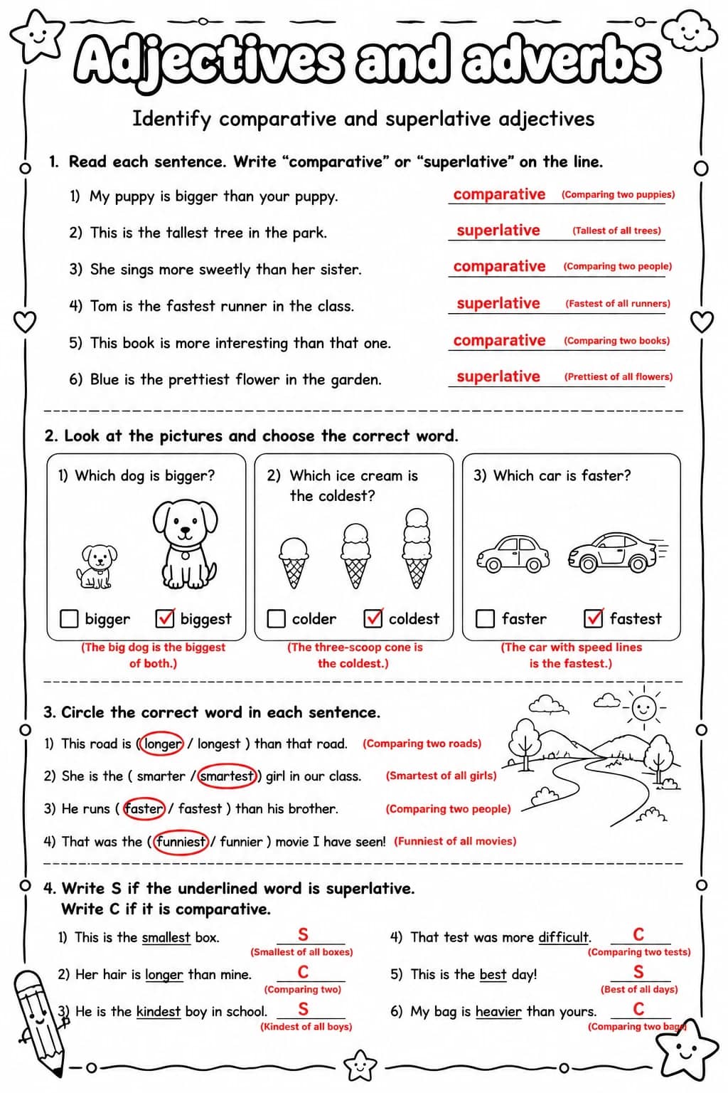 Answer key for Identify comparative and superlative adjectives — free printable English & Reading worksheet