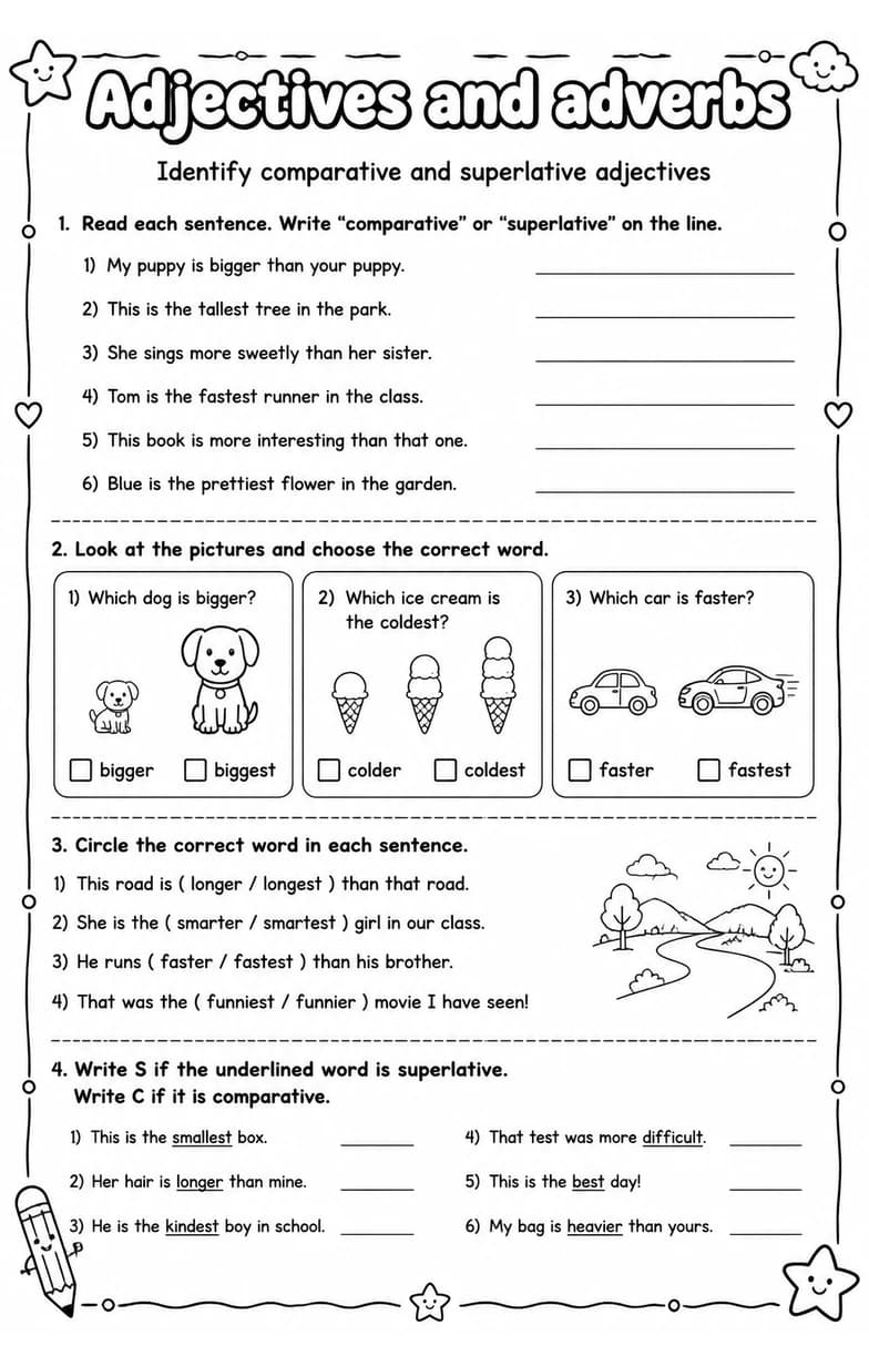 Identify comparative and superlative adjectives — free printable Grade 2 English & Reading worksheet