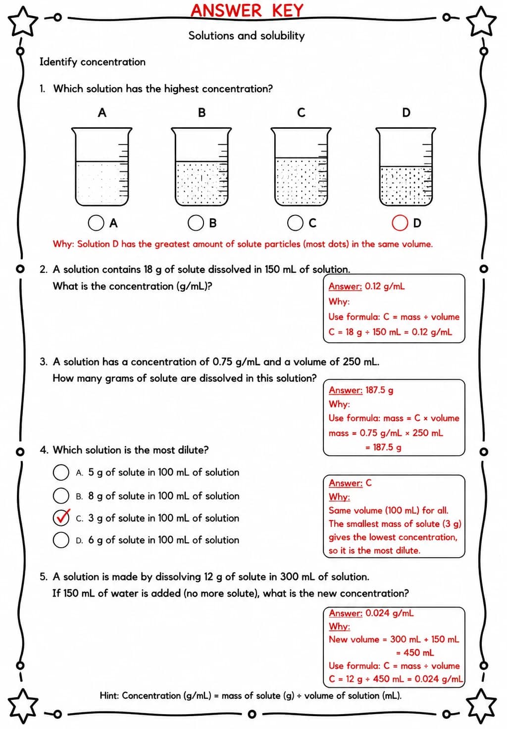 Answer key for Identify concentration — free printable Science worksheet