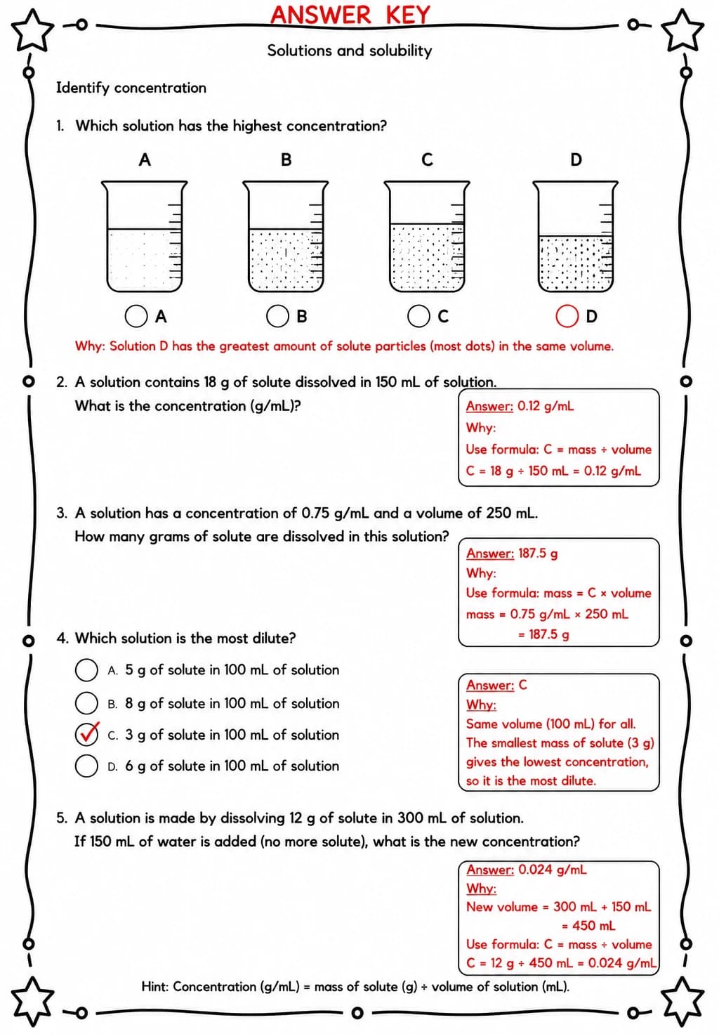 Answer key for Identify concentration — free printable Science worksheet