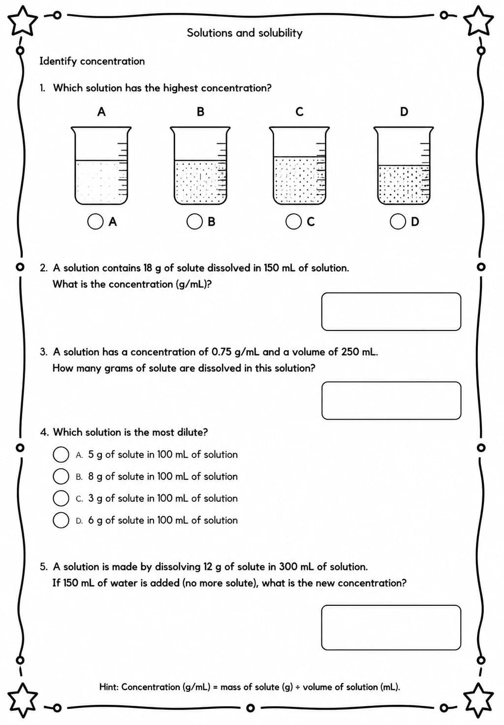 Identify concentration — free printable High School Science worksheet