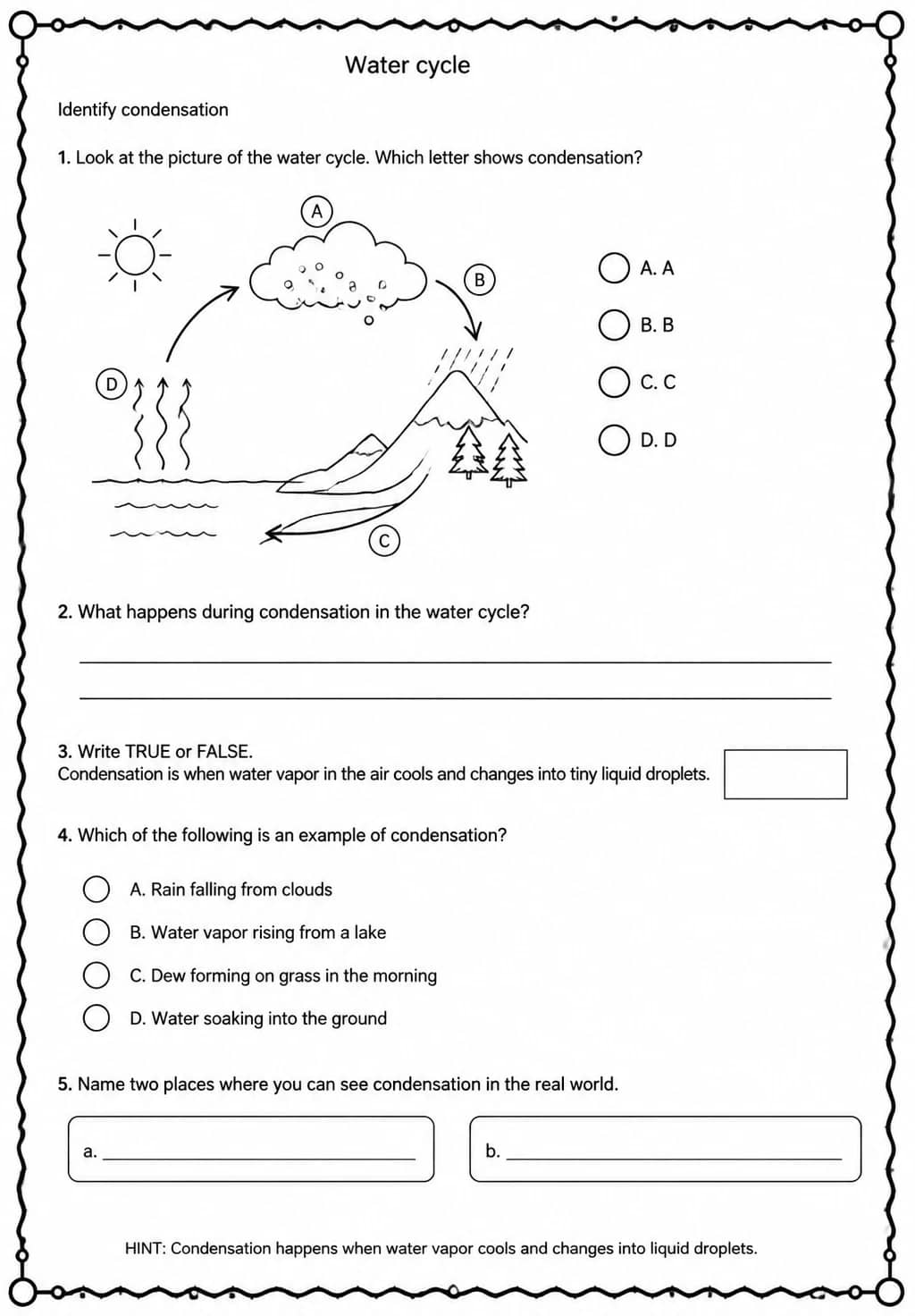 Identify condensation — free printable Grade 5 Science worksheet