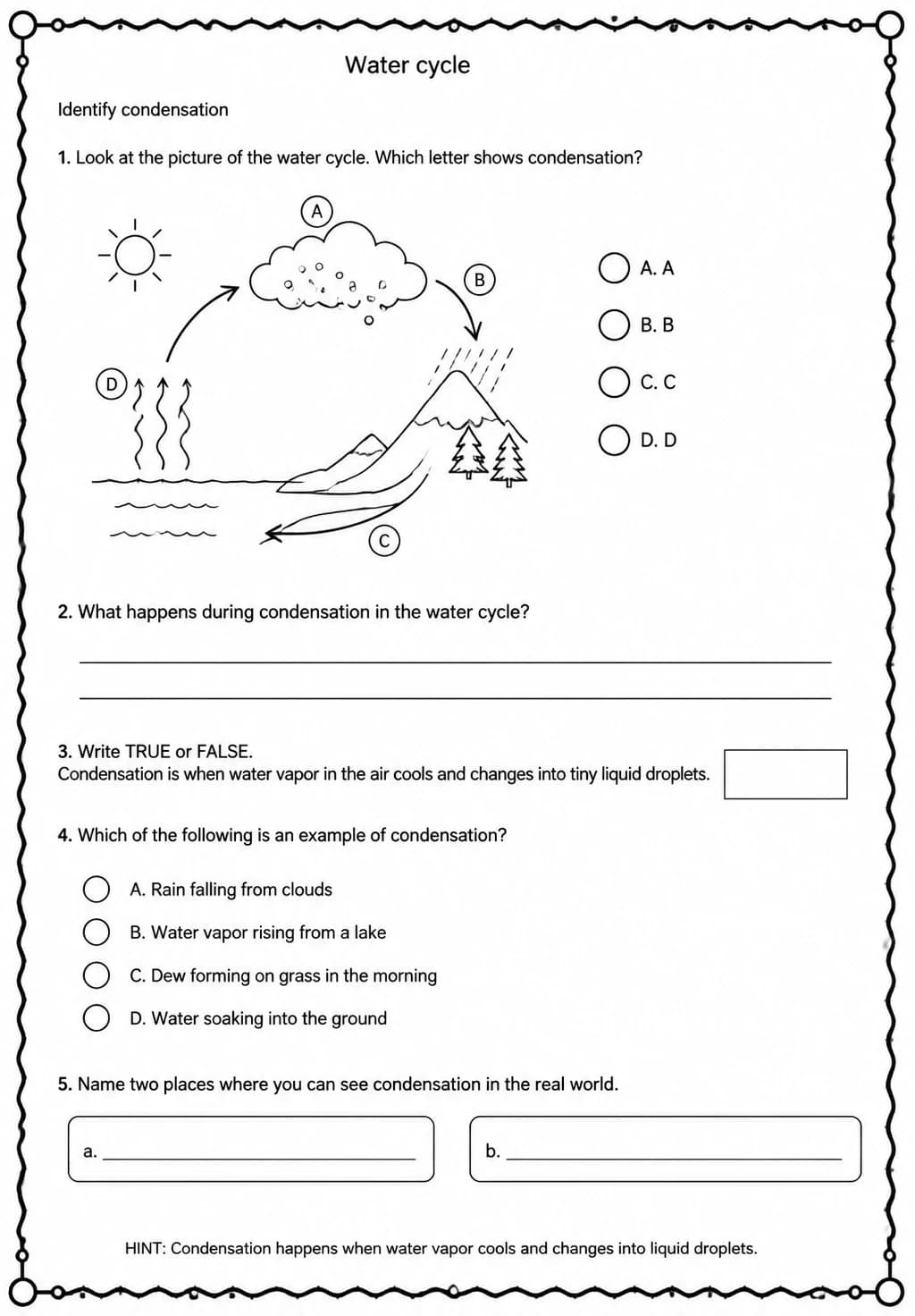 Identify condensation — free printable Grade 5 Science worksheet