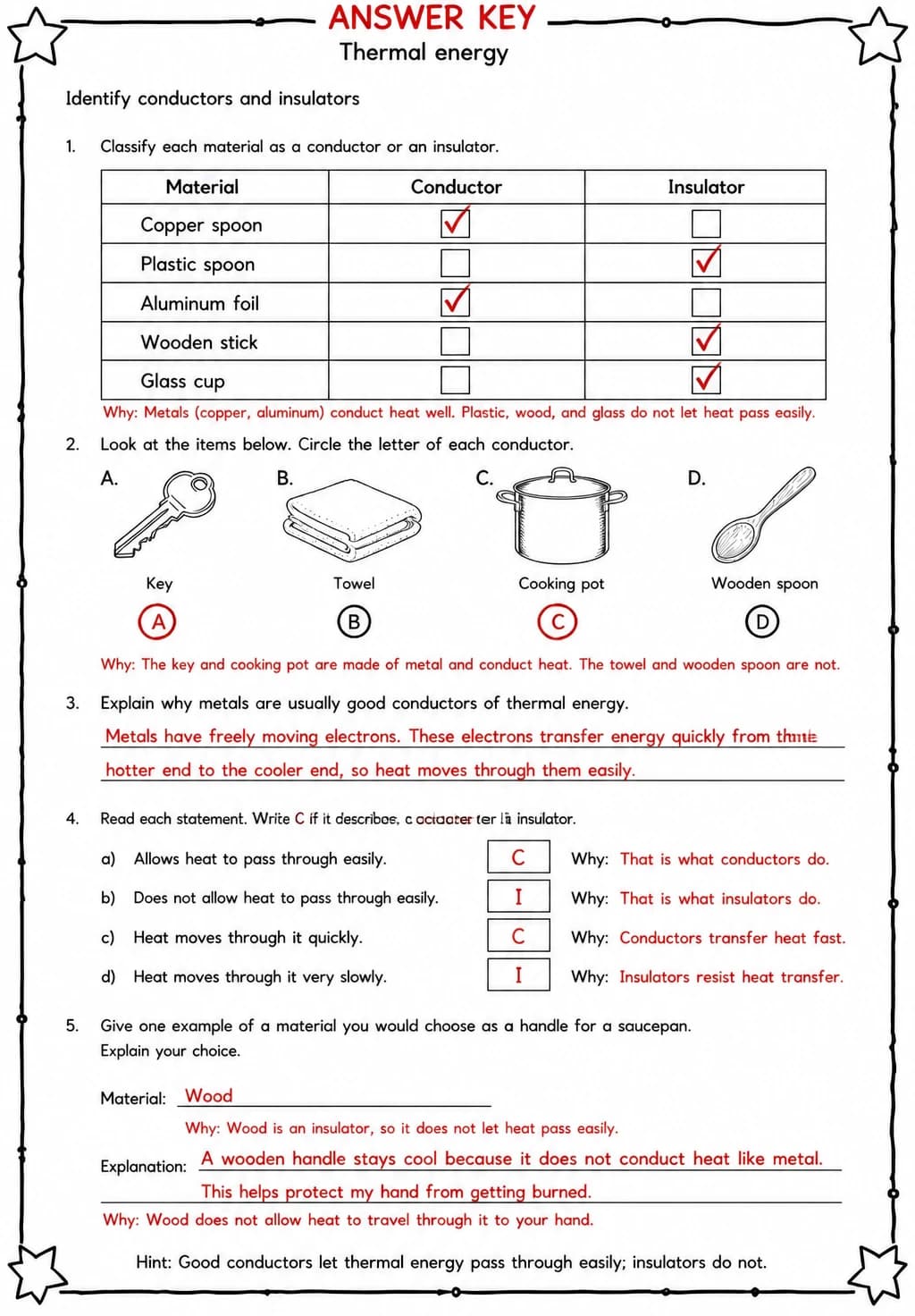Answer key for Identify conductors and insulators — free printable Science worksheet
