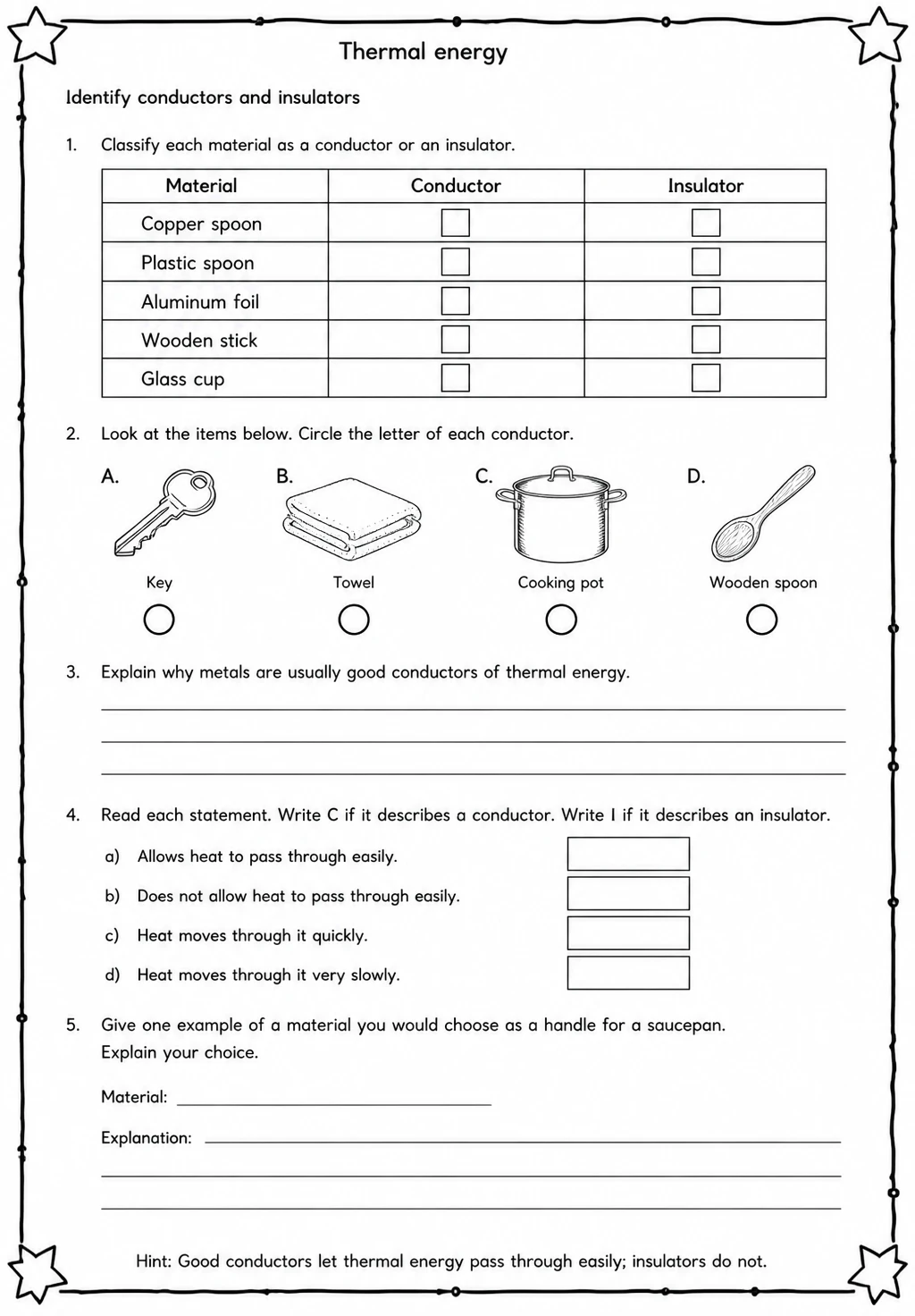 Identify conductors and insulators — free printable Middle School Science worksheet