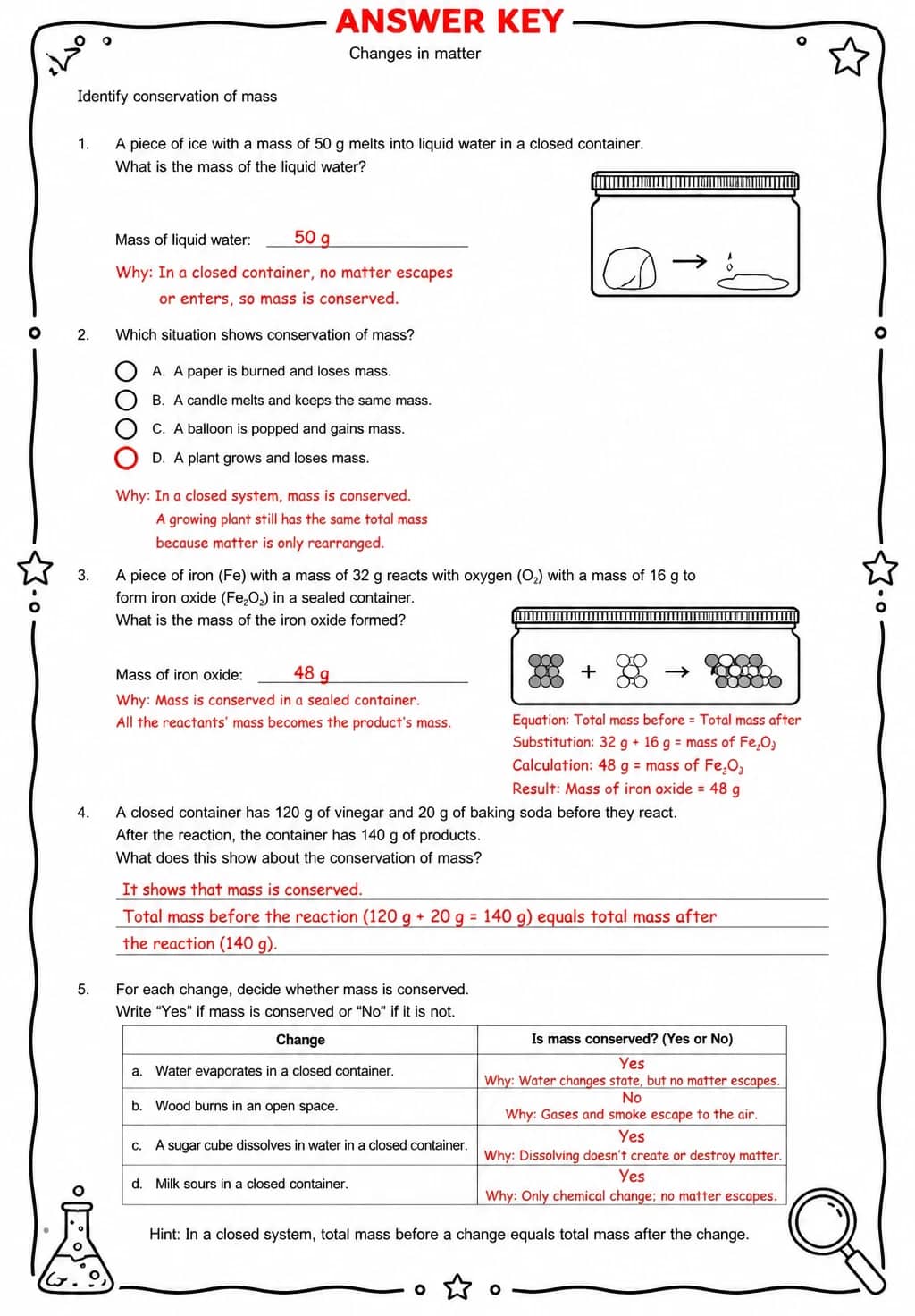 Answer key for Identify conservation of mass — free printable Science worksheet
