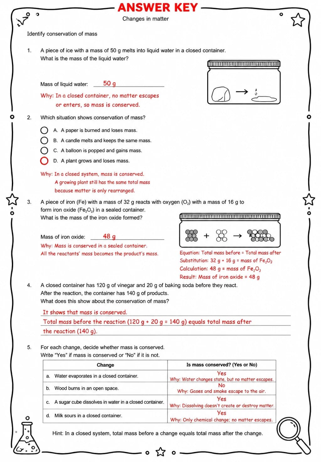 Answer key for Identify conservation of mass — free printable Science worksheet