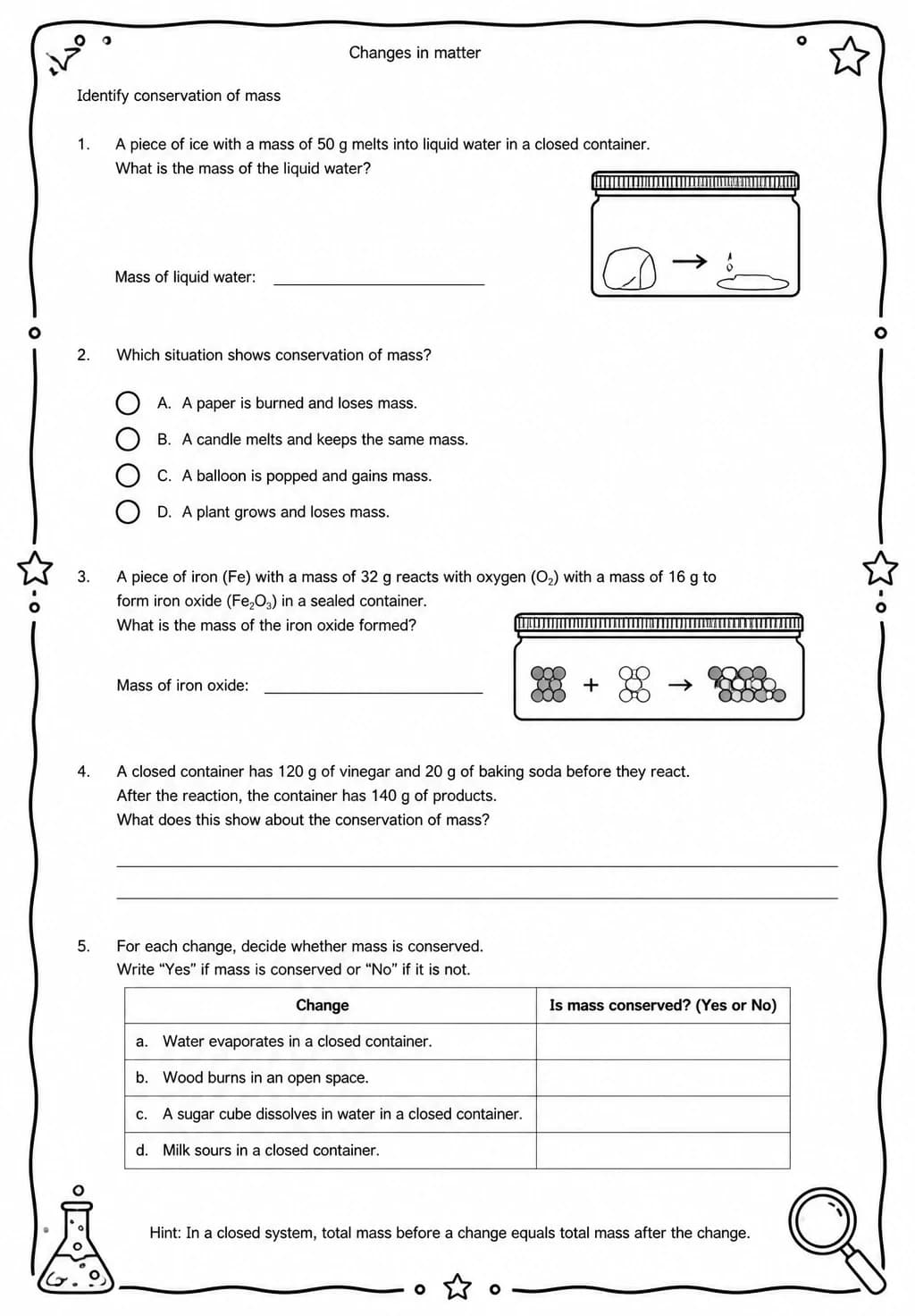 Identify conservation of mass — free printable Grade 5 Science worksheet
