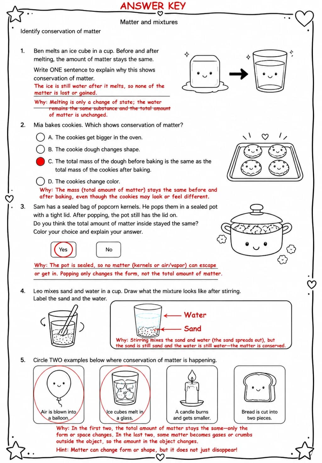 Answer key for Identify conservation of matter — free printable Science worksheet
