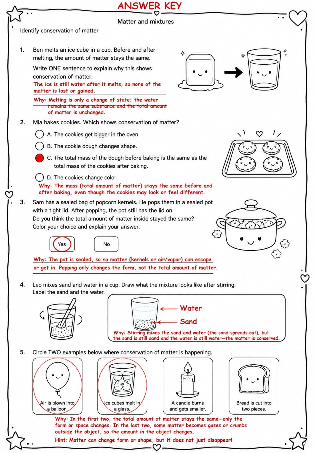 Answer key for Identify conservation of matter — free printable Science worksheet