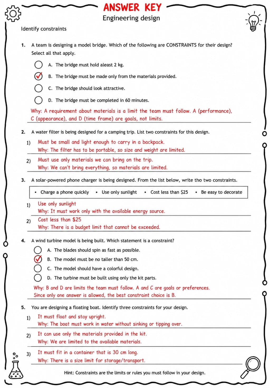 Answer key for Identify constraints — free printable Science worksheet
