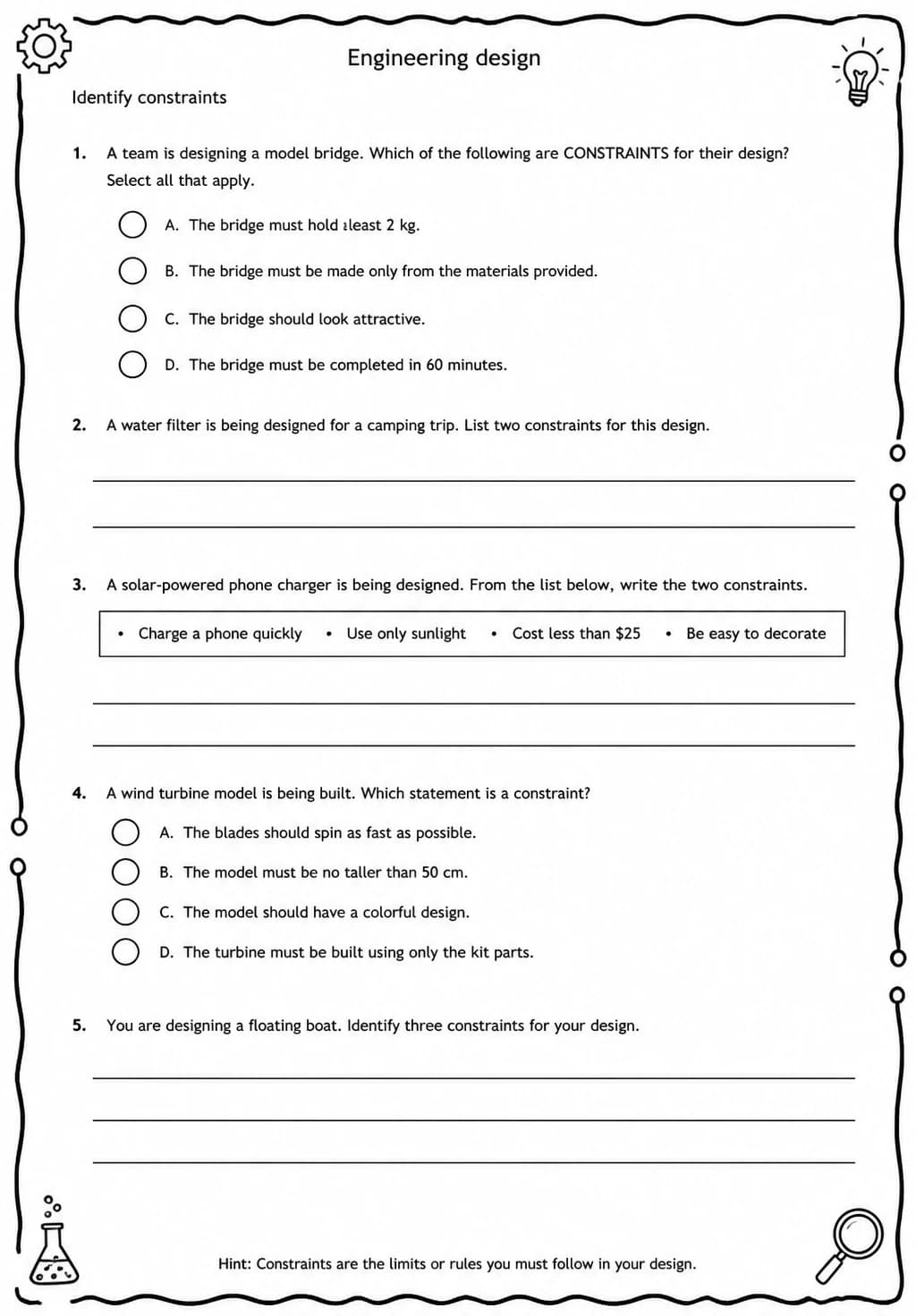 Identify constraints — free printable Middle School Science worksheet