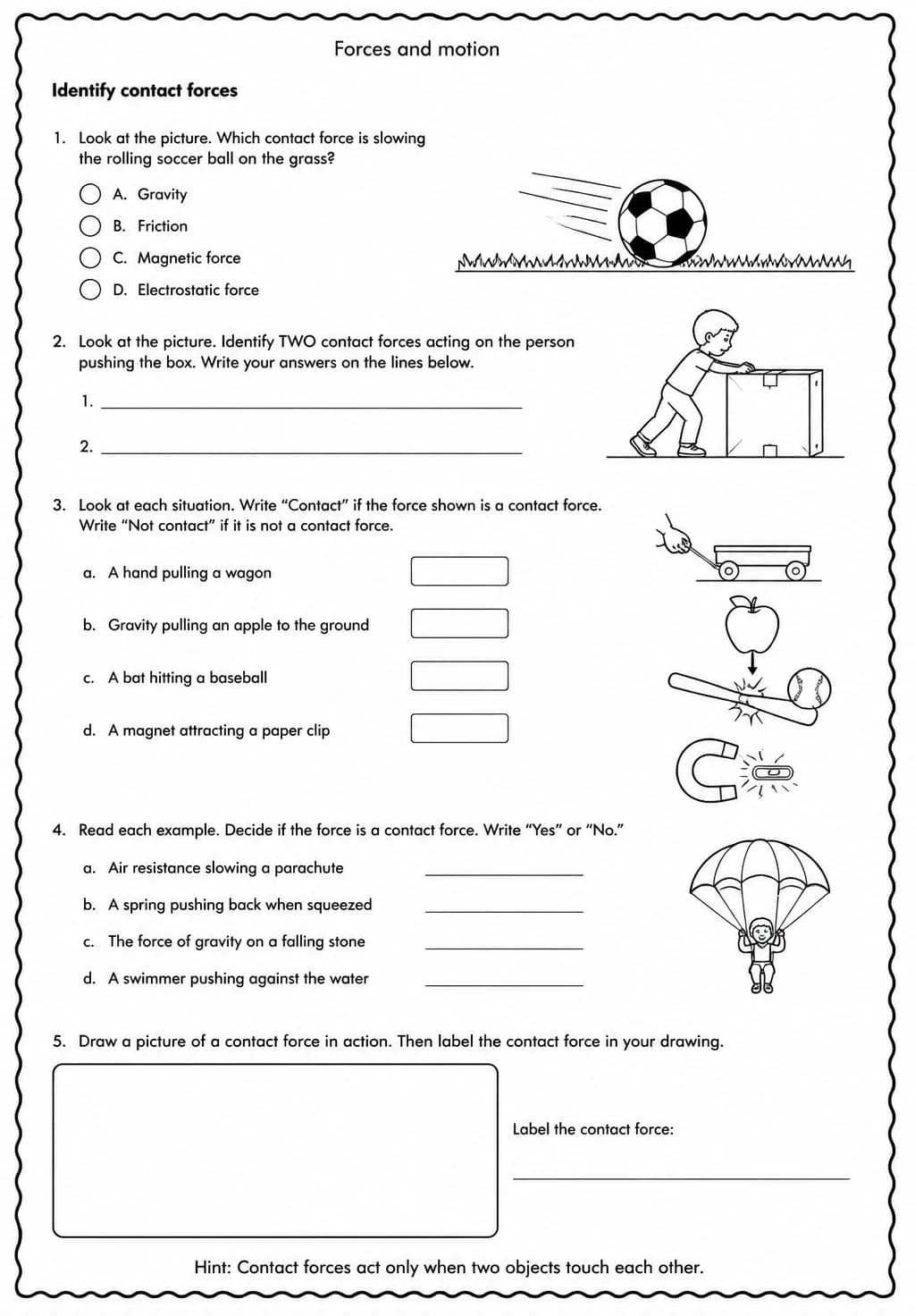 Identify contact forces — free printable Grade 5 Science worksheet