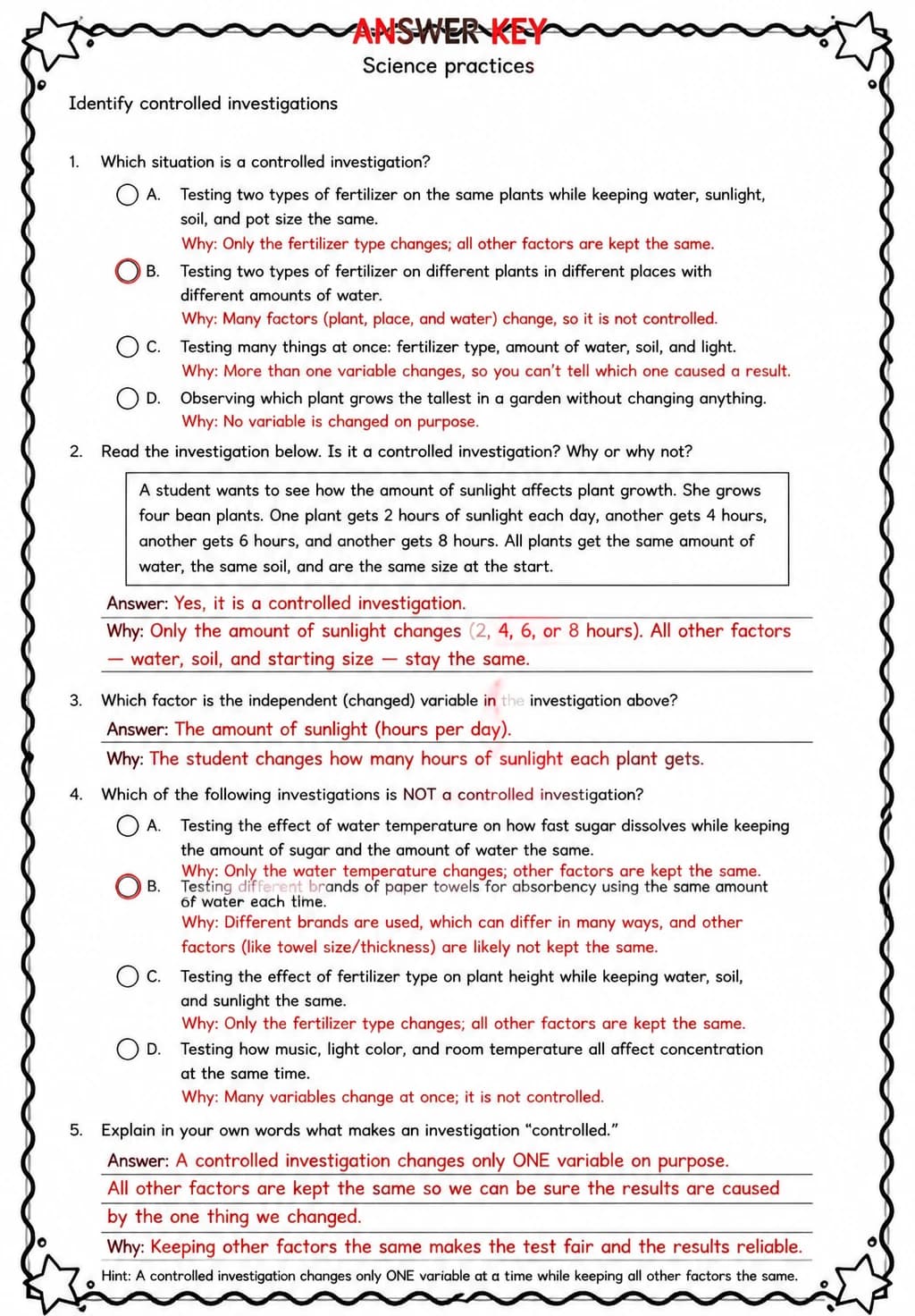 Answer key for Identify controlled investigations — free printable Science worksheet
