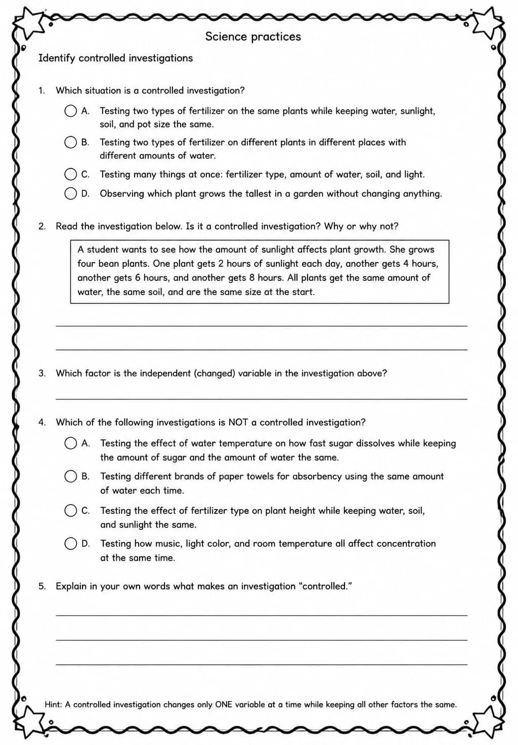 Identify controlled investigations — free printable Grade 5 Science worksheet