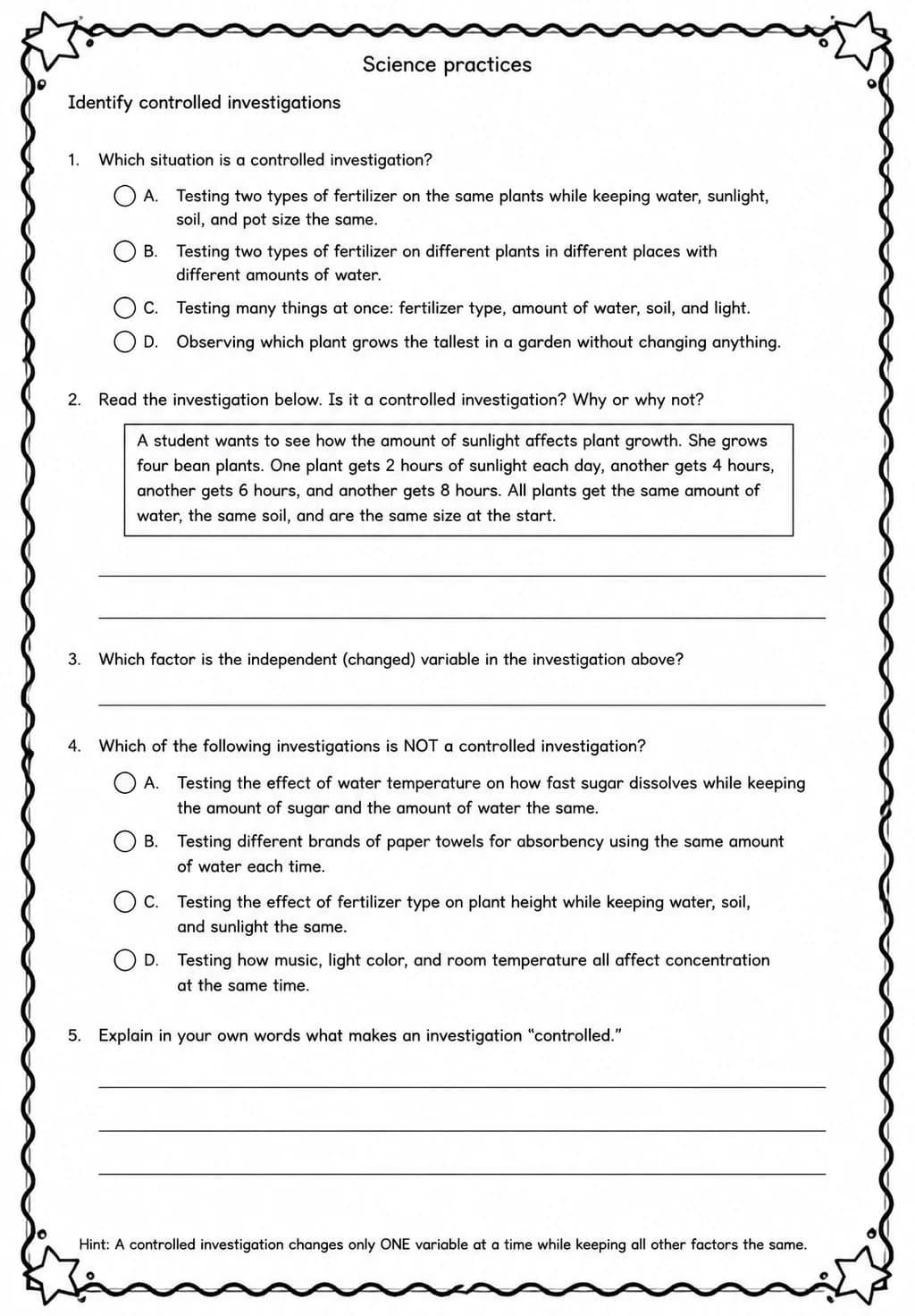 Identify controlled investigations — free printable Grade 5 Science worksheet