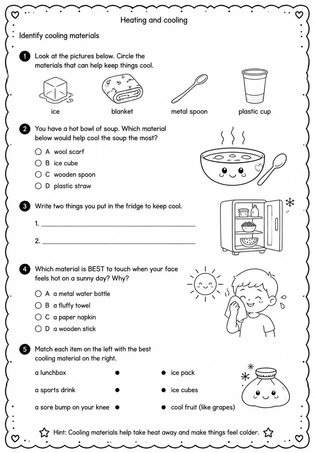 Identify cooling materials — free printable Grade 2 Science worksheet