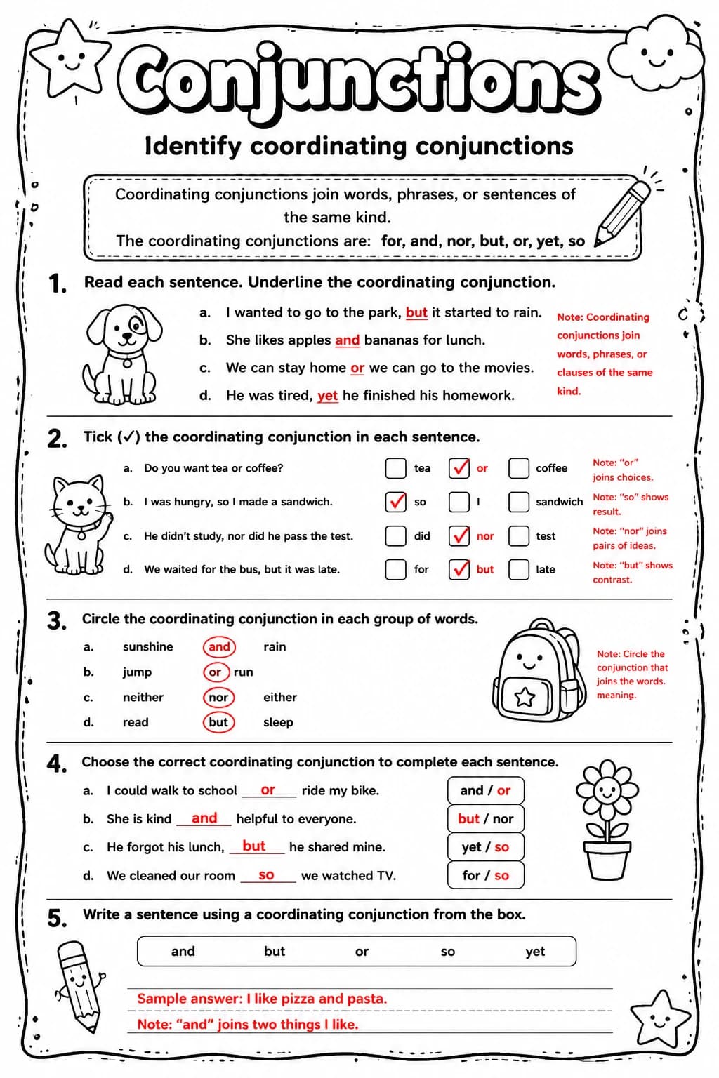 Answer key for Identify coordinating conjunctions — free printable English & Reading worksheet