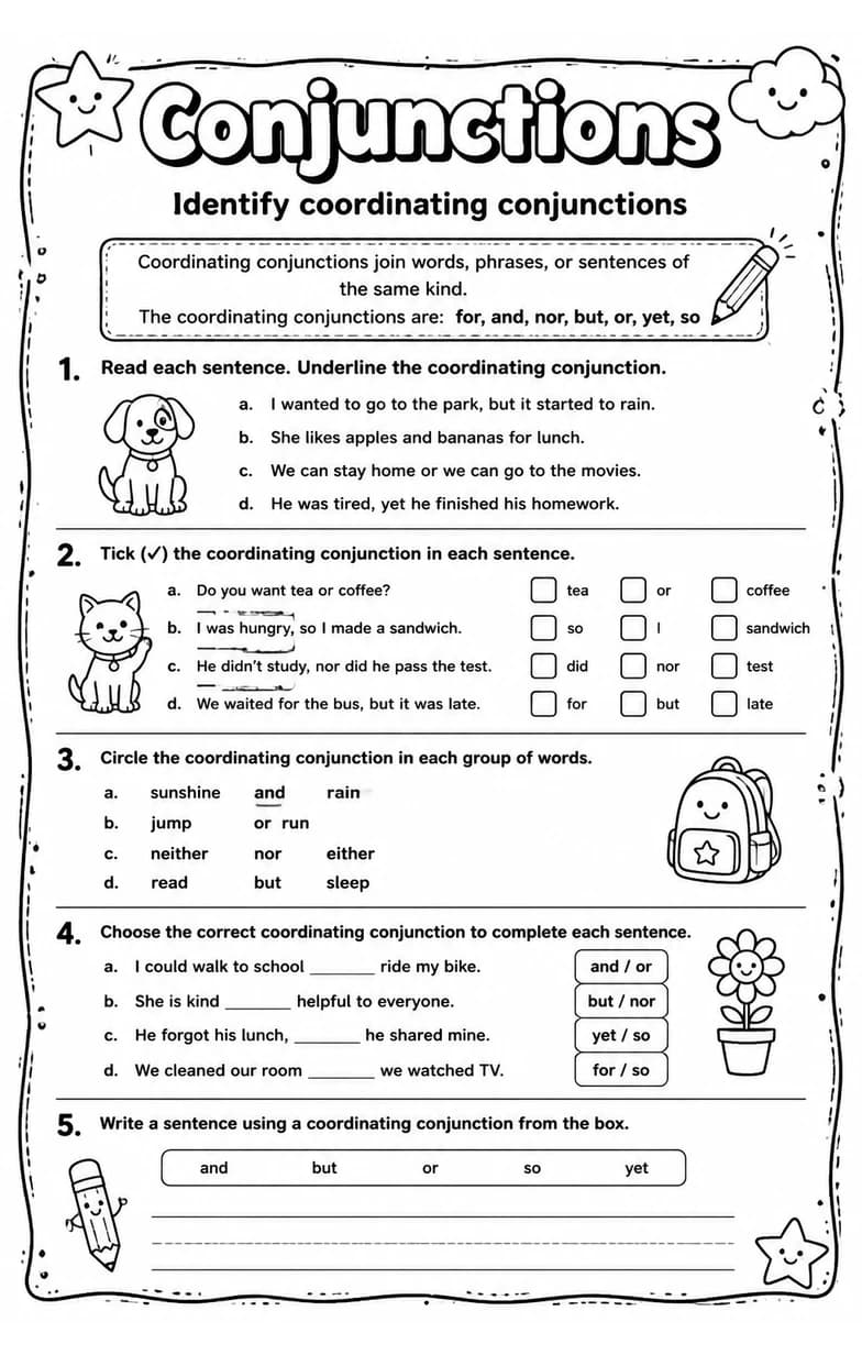 Identify coordinating conjunctions — free printable Grade 3 English & Reading worksheet