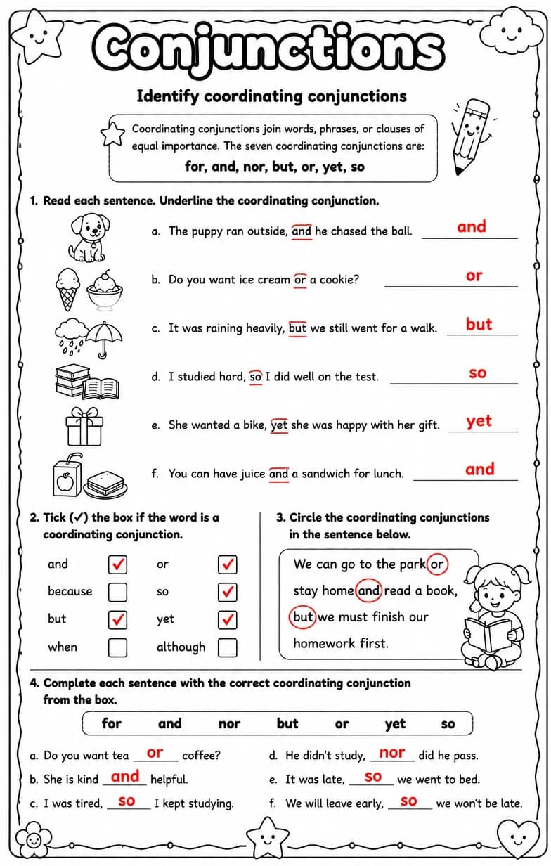 Answer key for Identify coordinating conjunctions — free printable English & Reading worksheet