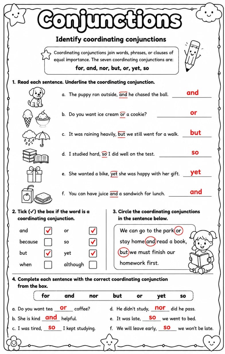 Answer key for Identify coordinating conjunctions — free printable English & Reading worksheet