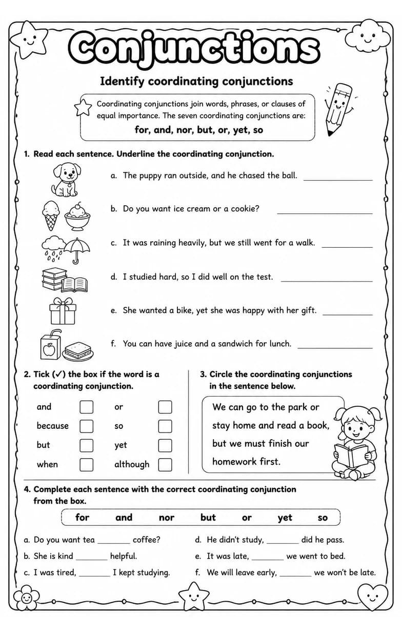 Identify coordinating conjunctions — free printable Grammar and mechanics English worksheet