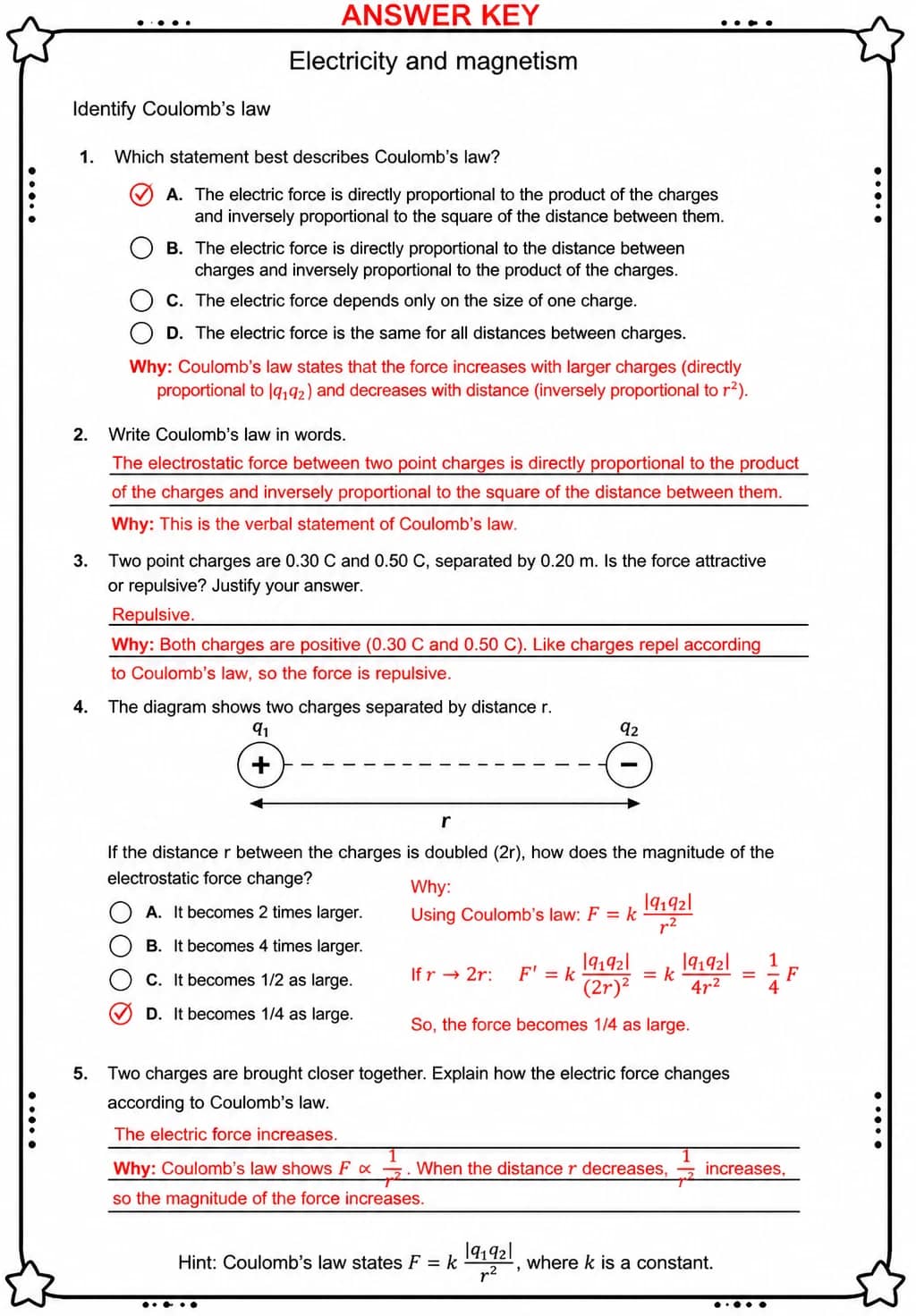 Answer key for Identify Coulomb's law — free printable Science worksheet