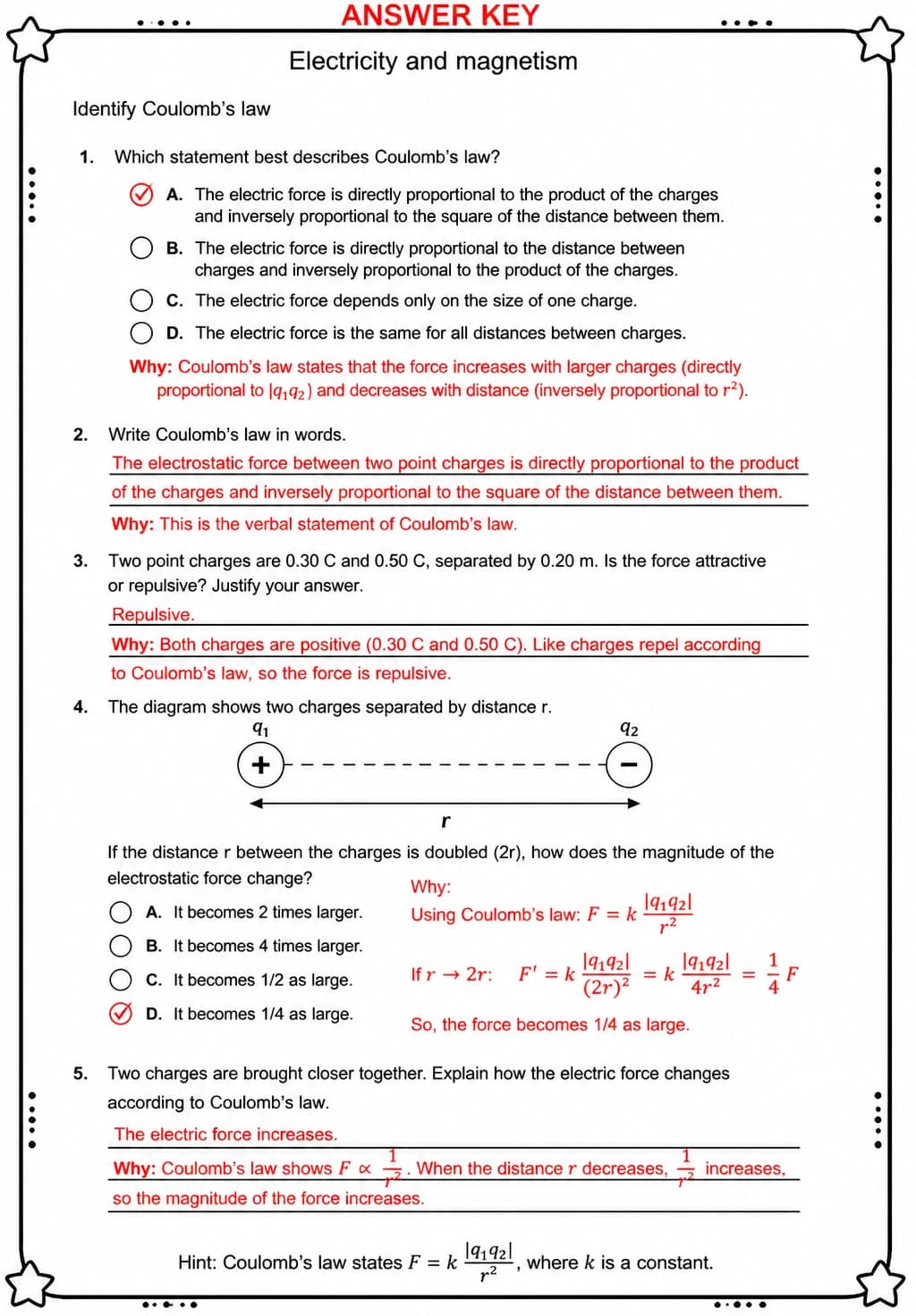 Answer key for Identify Coulomb's law — free printable Science worksheet