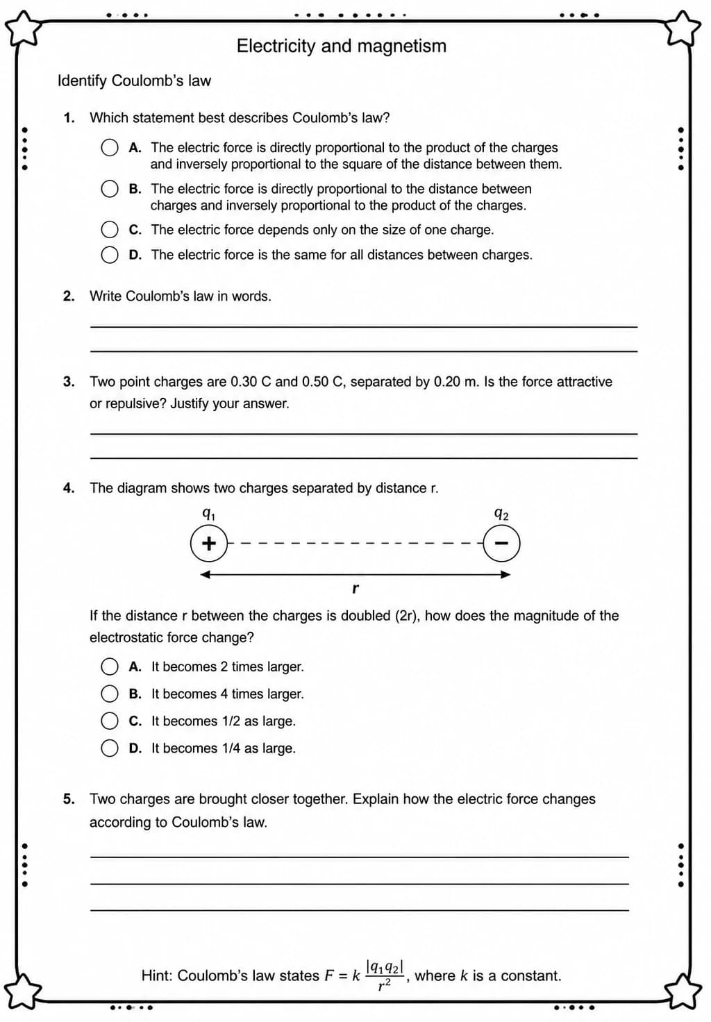 Identify Coulomb's law — free printable High School Science worksheet