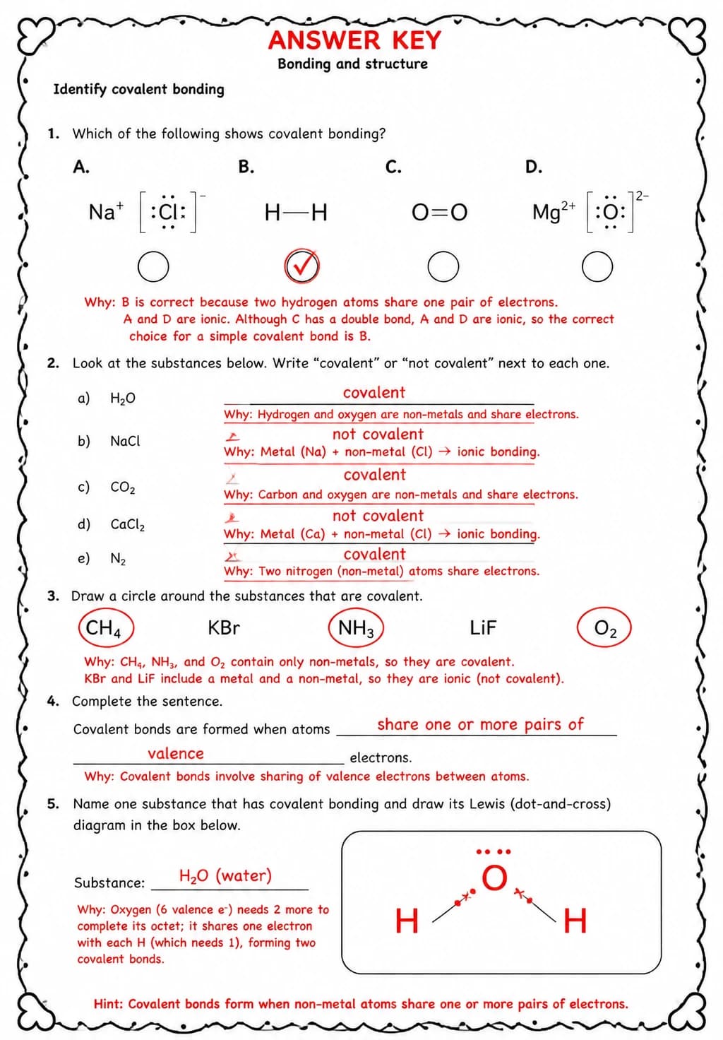 Answer key for Identify covalent bonding — free printable Science worksheet