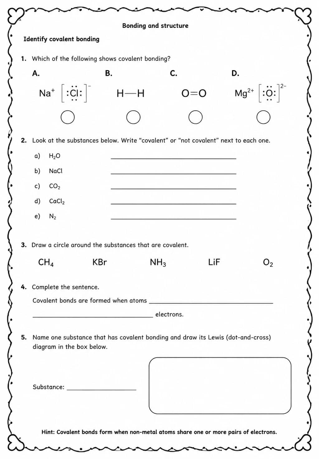 Identify covalent bonding — free printable High School Science worksheet