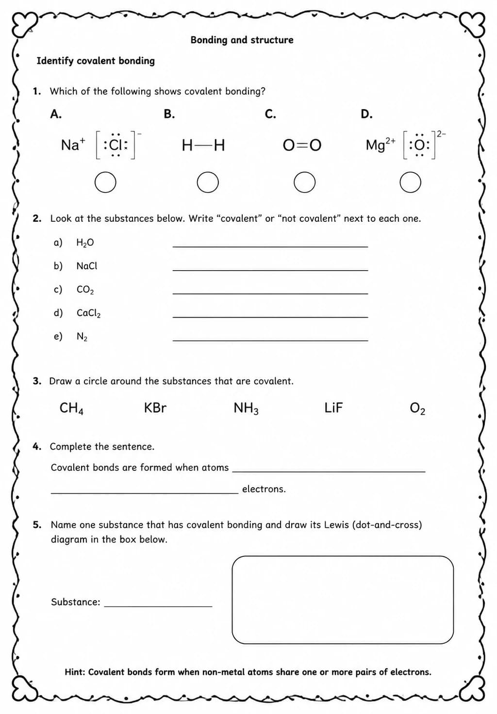 Identify covalent bonding — free printable High School Science worksheet