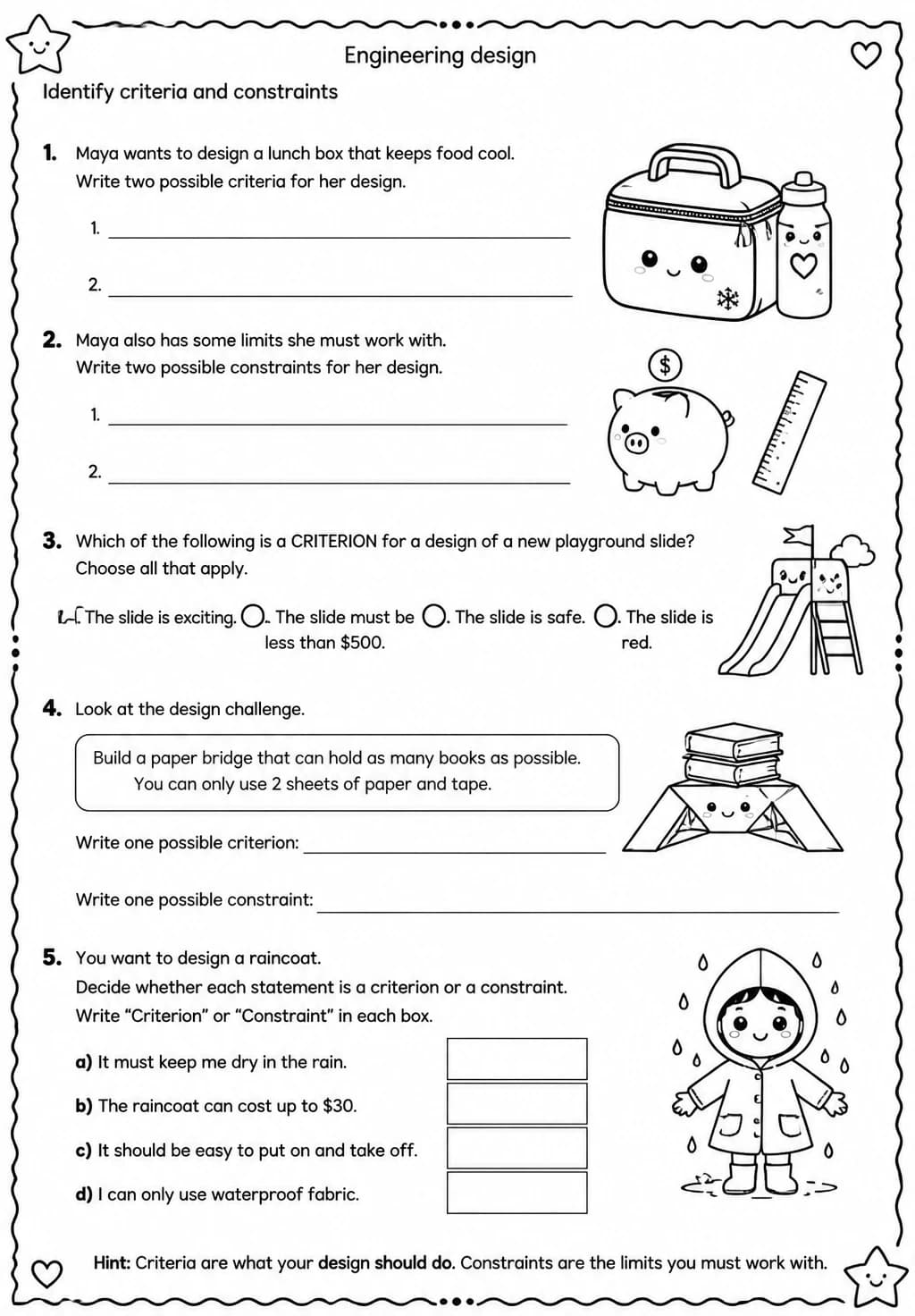 Identify criteria and constraints — free printable Grade 3 Science worksheet