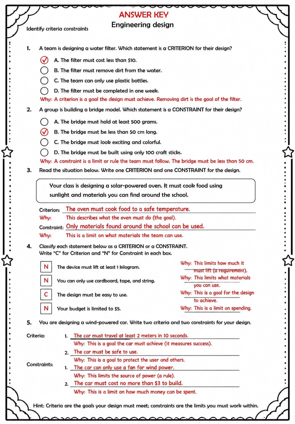 Answer key for Identify criteria constraints — free printable Science worksheet