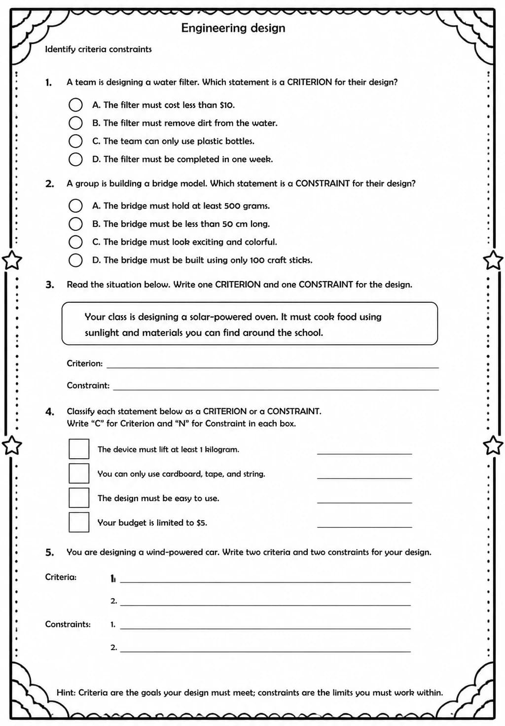 Identify criteria constraints — free printable Middle School Science worksheet
