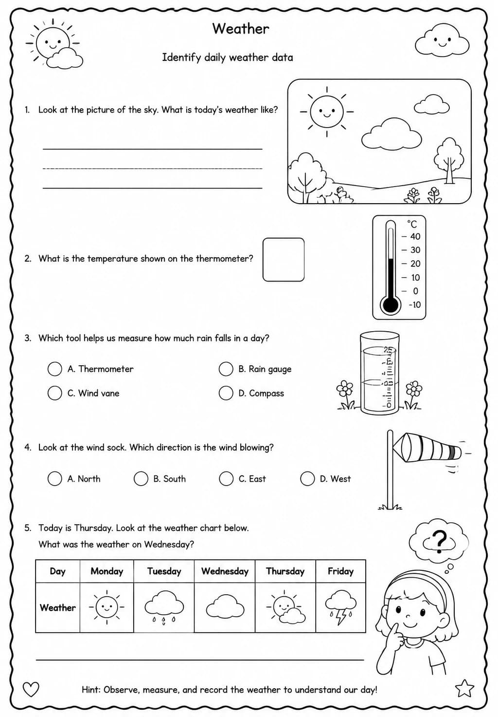 Identify daily weather data — free printable Grade 2 Science worksheet