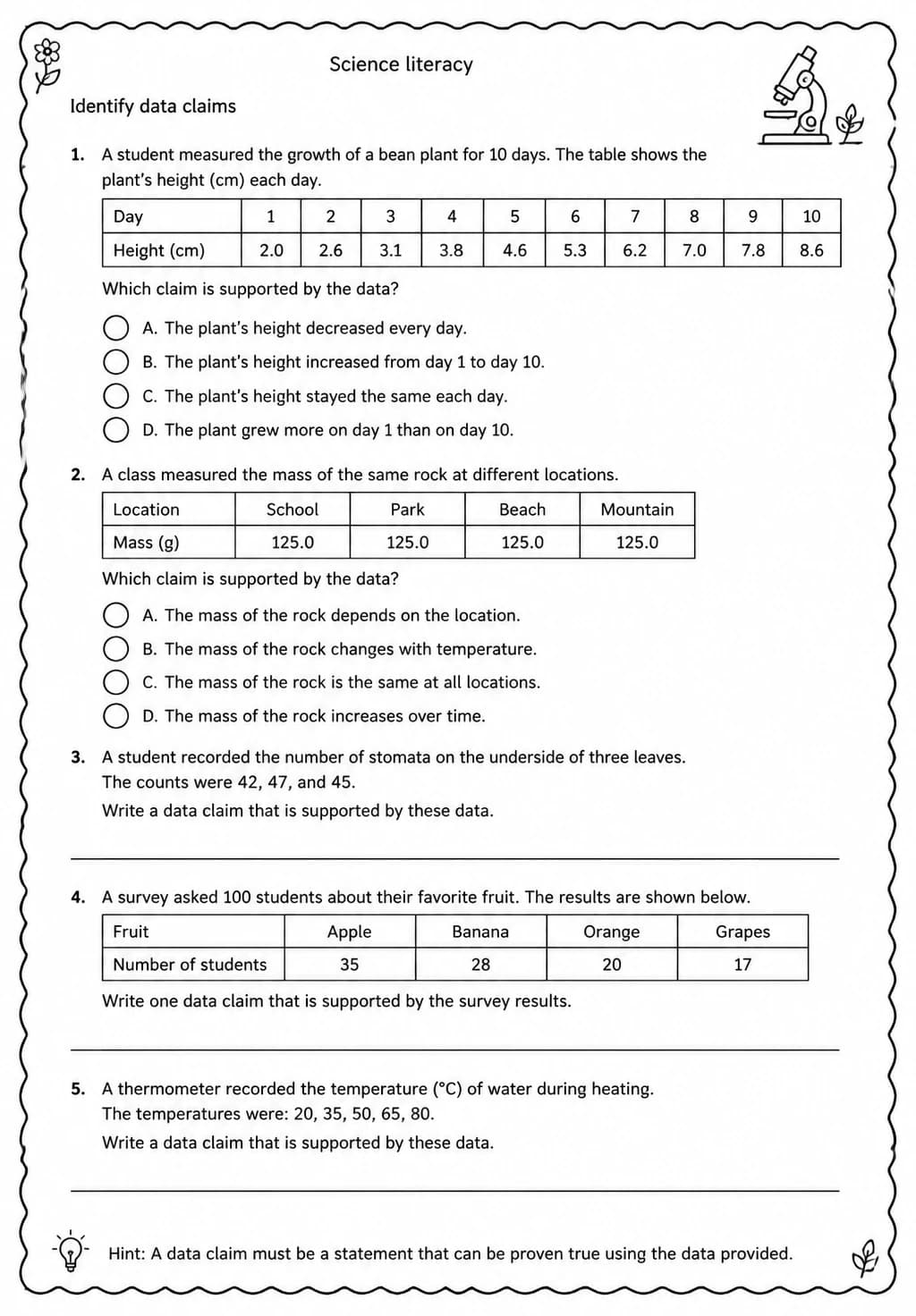 Identify data claims — free printable High School Science worksheet