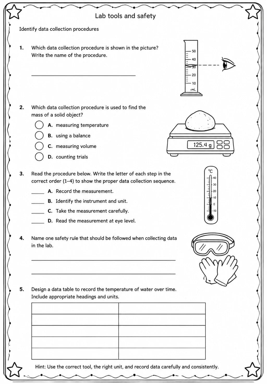 Identify data collection procedures — free printable Middle School Science worksheet
