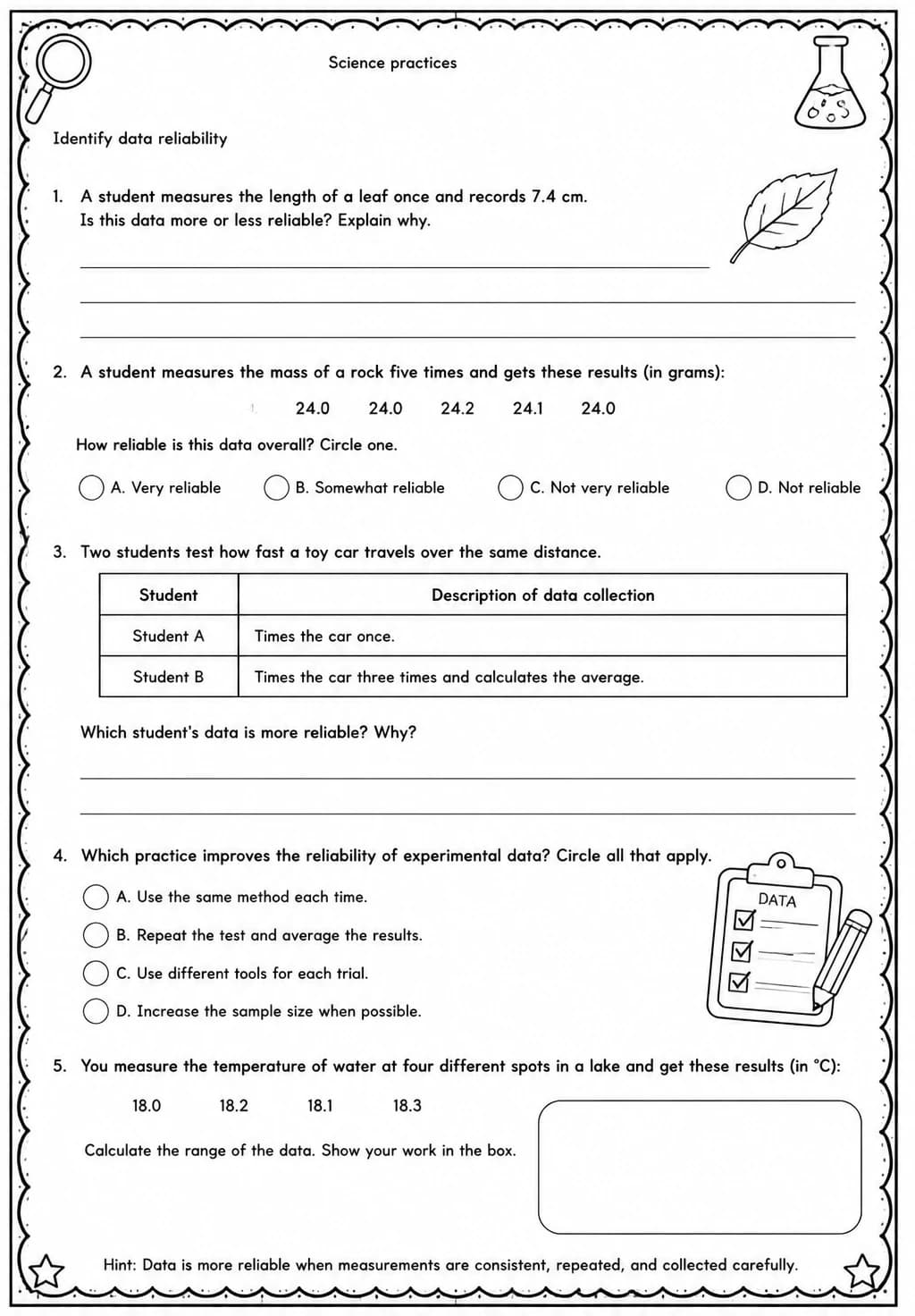 Identify data reliability — free printable Grade 5 Science worksheet