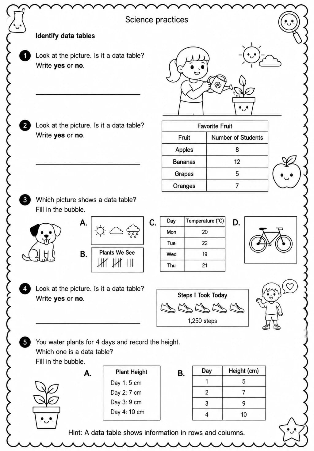 Identify data tables — free printable Grade 3 Science worksheet