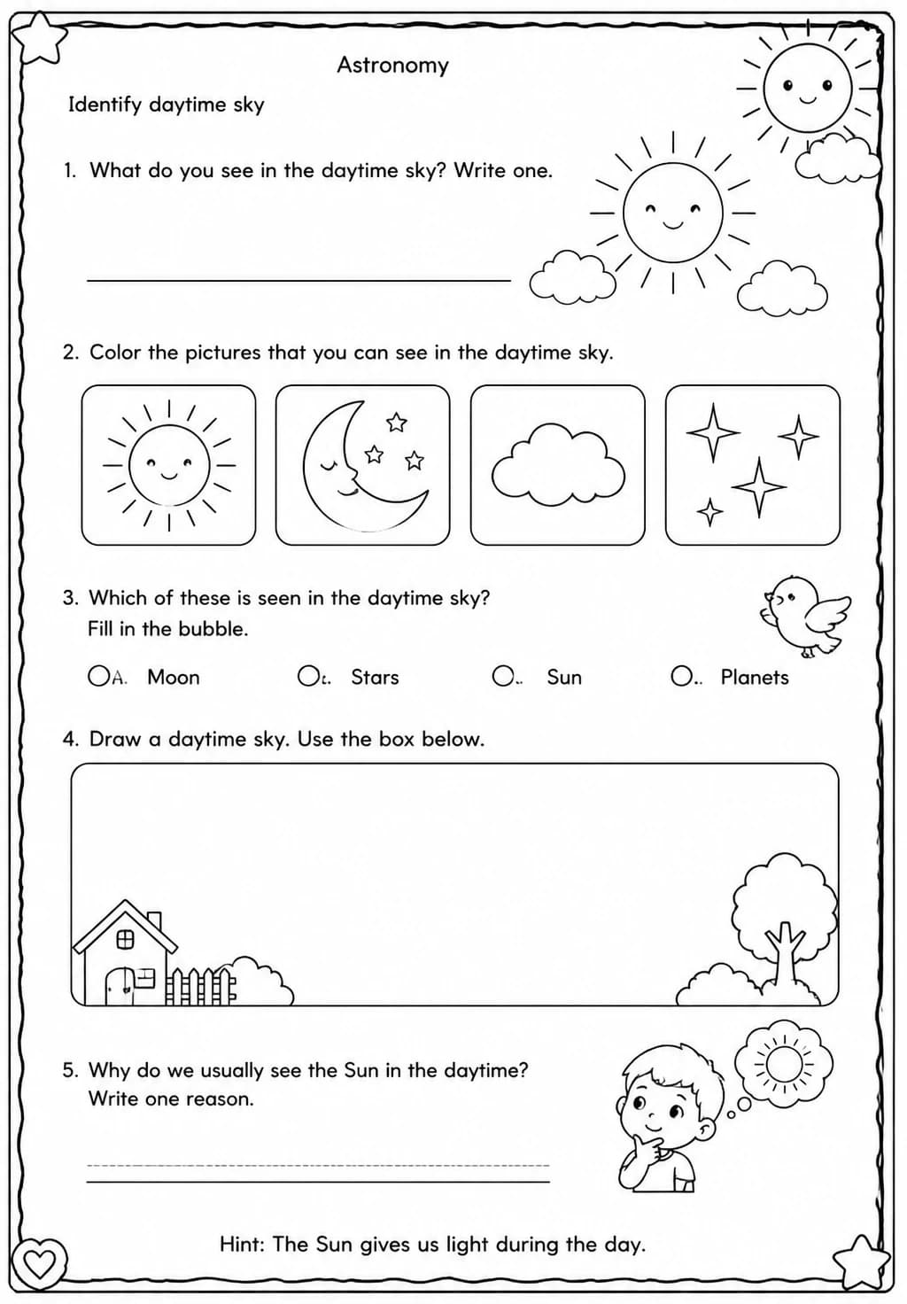 Identify daytime sky — free printable Grade 1 Science worksheet