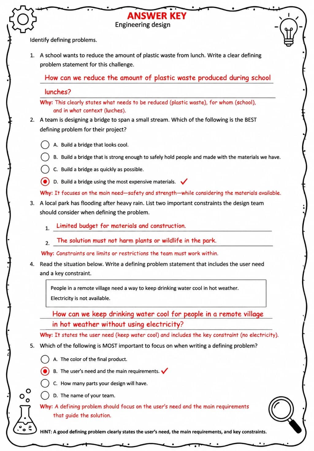 Answer key for Identify defining problems — free printable Science worksheet
