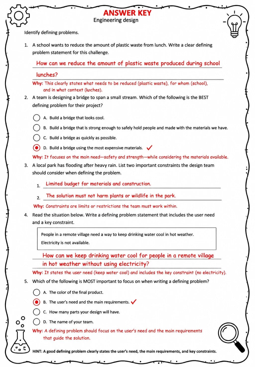 Answer key for Identify defining problems — free printable Science worksheet