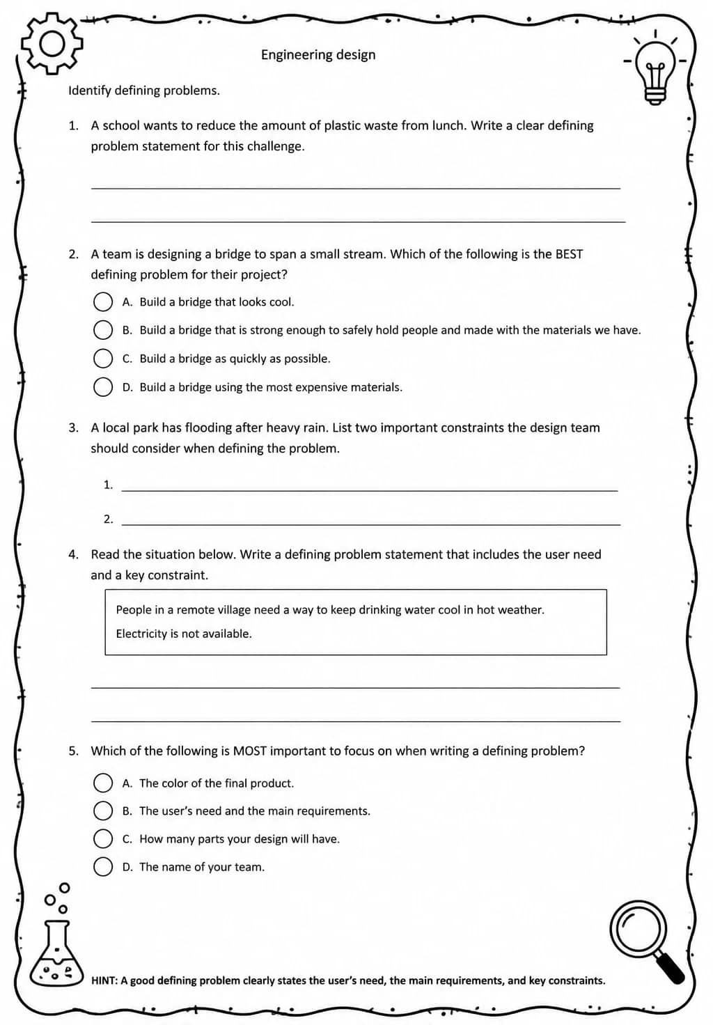 Identify defining problems — free printable Grade 5 Science worksheet